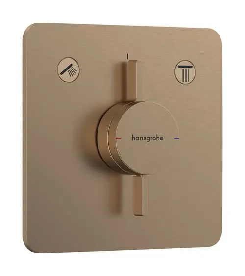 Mischpaneel in gebürstetem Bronze-Finish von Hansgrohe mit einem zentralen Drehknopf und Symbolen für zwei Wasserquellen. Funktionale, quadratische Wandmontage.